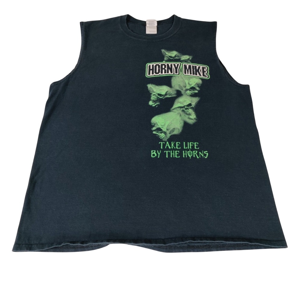 Horny Mike "Take Life By the Horns"  T shirt Sleeveless Size Large Gildan - Fade
